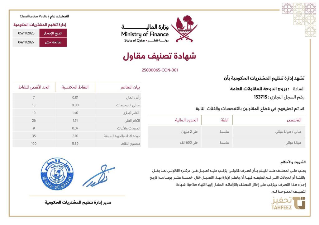 Brouj Doha General Contracting classification certificate