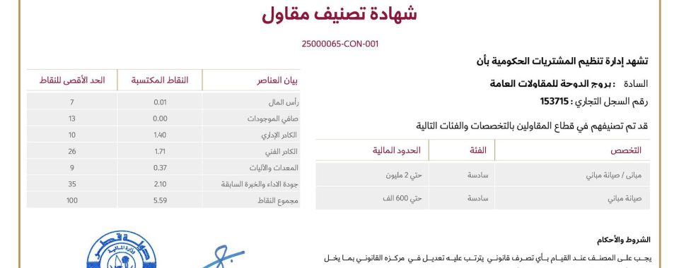 Brouj Doha General Contracting classification certificate